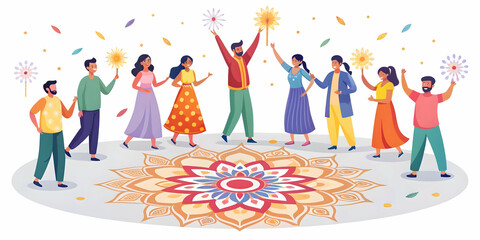 Flat Vector Illustration of a Candid Cultural Celebration: People Enjoying Festivities with Sparklers and Rangoli, Capturing Joy and Interaction in a Vibrant Atmosphere