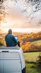 Fototapeta premium Indian man sitting atop his campervan working on a laptop, combining travel with remote work, hybrid work setup