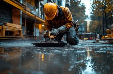 A worker using a trowel machine on a concrete floor, in an industrial setting. Generative AI