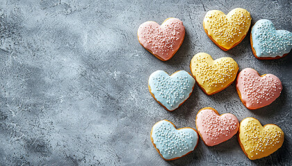 Obraz premium Tasty colourful heart shaped cookies on grey background, copy space for text 