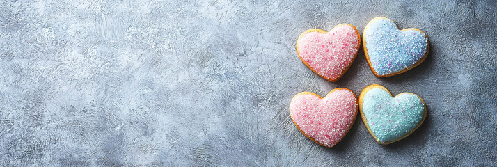 Obraz premium Tasty colourful heart shaped cookies on grey background, copy space for text 