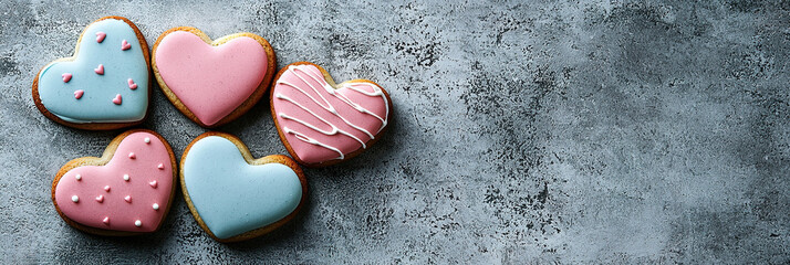 Naklejka premium Tasty colourful heart shaped cookies on grey background, copy space for text 