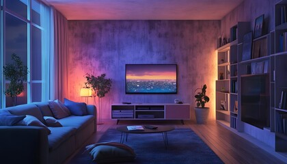 Modern living room with cozy lighting and a vibrant TV display, perfect for relaxing evenings at home.
