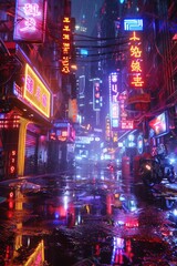 Futuristic urban street with neon lights