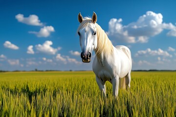 Obraz premium A horse grazing in the Camargue, just outside Arles, with the unique white horses of the region adding to the landscape's beauty