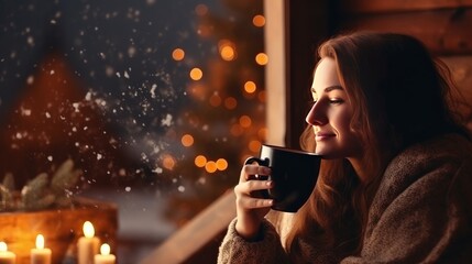 beautiful woman having a cup of hot chocolate near the window looking at the snow falling