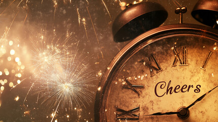 New Year Eve background with clock face, fireworks and festive "Cheers" message,  copy space for text