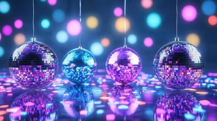 Obraz premium Colorful disco balls sparkle against a vibrant backdrop of glowing lights, creating a festive and energetic atmosphere.