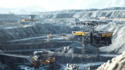 A futuristic city with a drone flying over it