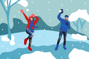 Composite photo collage of two happy girl guy play snowball park walk tree snowfall season january isolated on painted background