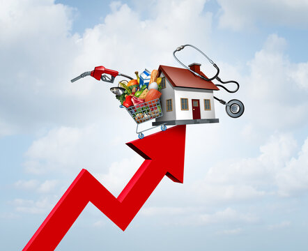 Economic Inflation Increase financial concept as consumer affordability being hit hard by an upward leaning chart arrow representing rising prices of housing groceries fuel and medical costs.