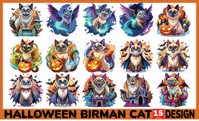 Fototapeta premium Birman Cat Halloween T-Shirt - Hand-drawn lettering and calligraphy graphic typography design, vector sign isolated on white. Perfect for spooky season t-shirts or SVG projects