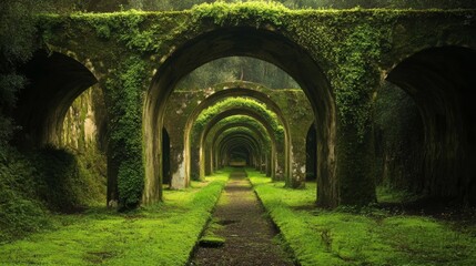 Obraz premium Moss and grass-covered aqueduct arches.