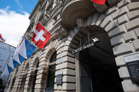 06-09-2024 Zurich, Switzerland. Credit Suisse bank headquarters building entrance at Paradeplatz. Sunny summer day, wide angle street view