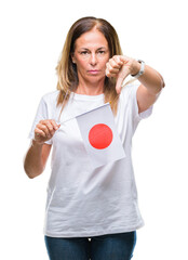 Middle age hispanic woman holding flag of Japan over isolated background with angry face, negative sign showing dislike with thumbs down, rejection concept