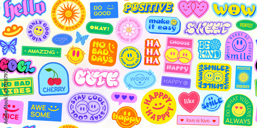Poster cool y2k stickers collage pattern background. trendy pop art patches vector design. groovy smile bad