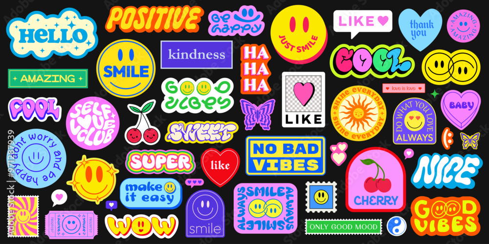 Poster cool pop art cute stickers collection vector design. set of y2k positive smile patches. groovy badge