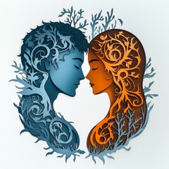 paper cut craft illustration, in steel blue and burnt orange, intertwined masculine male and feminine female profile