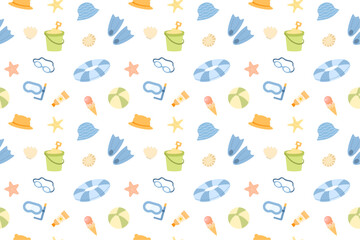 Seamless pattern with summer kids beach set. Diving mask, diving fins, snorkel and water goggles. Sun hat, swim ring, sand bucket, ice cream, shells. Vector pattern, flat style.
