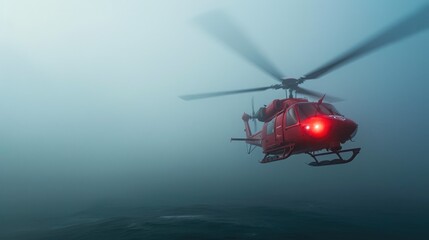 Calm Sea Meets Intense Rescue: Red Coast Guard Helicopter in Heavy Fog