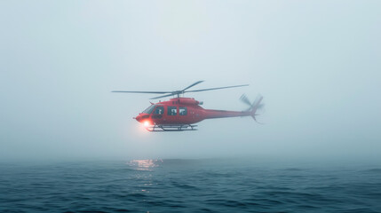Aerial Rescue Operation: Red Helicopter in Foggy Coastal Waters