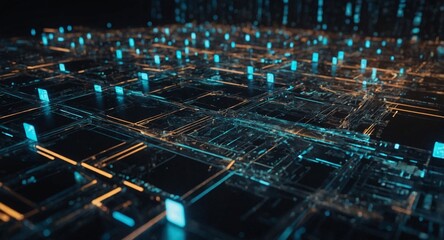 Digital Matrix: A mesmerizing abstract backdrop of glowing blue and orange lines, forming a complex network of digital data. perfect for tech, AI, innovation, future, cyberspace, technology, data, net