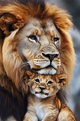 Fototapeta premium Lion adult and cub , african animals mammal wildlife , isolated