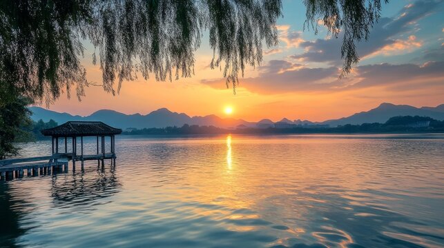 Picturesque Hangzhou West Lake sunset