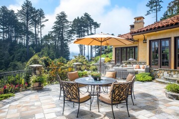 Obraz premium Daytime mountain view from the patio / wooden deck with outdoor furniture.