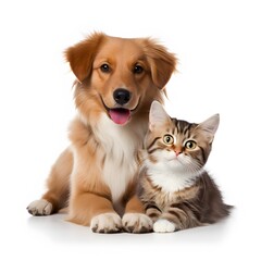 Fototapeta premium cat and dog sitting together isolated on white