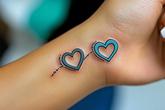 A matching tattoo for siblings, featuring a simple heart outline with initials, placed on the wrist