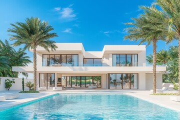 Fototapeta premium Amazing modern minimalist cubic villa with large swimming pool among palm trees. Created using generative AI