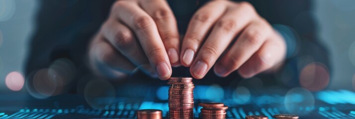 Close-up image of hands carefully stacking small copper coins on a digital surface, representing savings, financial growth, and investment strategies.