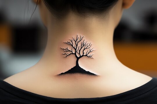A minimalist tree silhouette tattoo, with bare branches reaching upwards, symbolizing resilience, placed on the spine