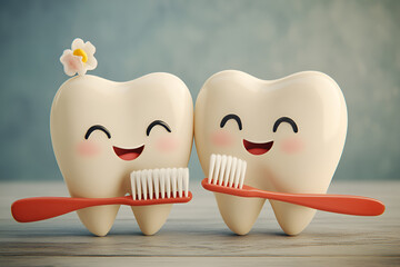 Obraz premium 3D teeth are cuddling nicely and toothbrushes are lying next to them.