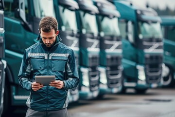 Fototapeta premium Fleet of New Trucks with Driver Reviewing Data on Tablet
