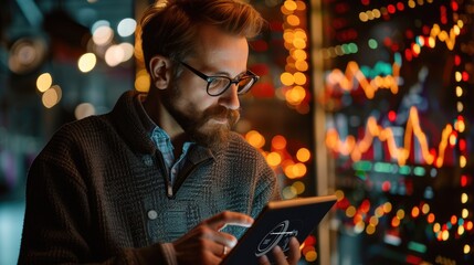 Professional 38-Year-Old Man Analyzing Investment Trends with Tablet