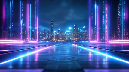 Futuristic cityscape illuminated by vibrant neon lights, creating a dynamic and captivating atmosphere at night.