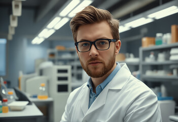 Fototapeta premium Male doctor laboratory assistant in a white coat in a chemical laboratory against the background of shelves with chemical reagents.