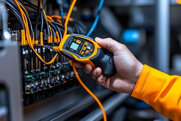 A multimeter measuring the voltage of a power supply, ensuring the output matches the expected values