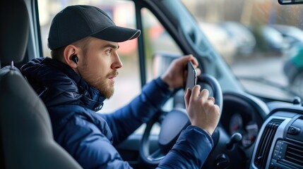 Phone Conversation Distracting Service Van Driver on Busy Street