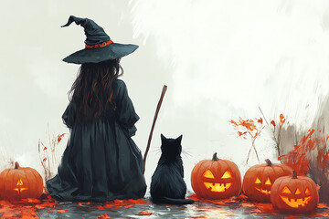 A beautiful witch wearing a black magic hat stands with a broom, while a black cat sits at her feet. Carved Halloween pumpkins are placed on the ground, creating a festive scene