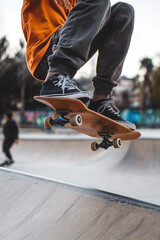 Fototapeta premium Skateboarder performs airborne trick, showcasing balance and skill. Orange top contrasts with gray pants, embodying urban youth culture and extreme sports lifestyle.