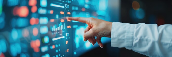 Close-up of a hand pointing at a digital data screen displaying graphs and information, symbolizing technology, data analysis, and modern innovation.