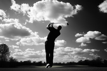 Powerful golfer silhouette mid swing on course. Dramatic black and white contrast with cloudy sky backdrop. Sports action capturing strength, form, and nature's beauty.