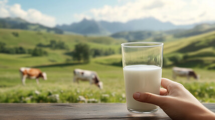hand holding glass of fresh milk in the meadow with cow grazing in background
