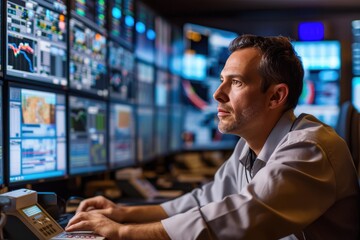 Experienced Technician Overseeing Control Center Operations with Advanced Screen Setup