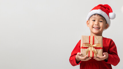 Obraz premium A cute and happy Southeast Asian boy dressing in the Christmas costume like a Santa Claus and holding a gift box on a plain white background with copy space for text.