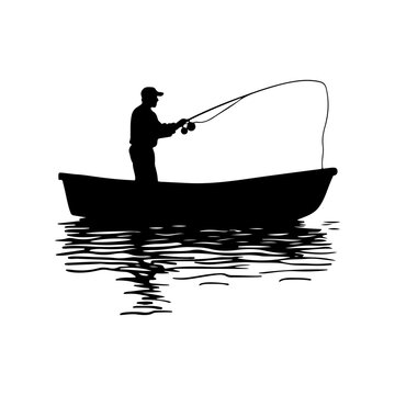 recommend clip art: Black vector silhouette of a fisherman casting a line from a boat isolated