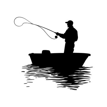 recommend clip art: Black vector silhouette of a fisherman casting a line from a boat isolated. A man fishing casts a fishing rod in a boat